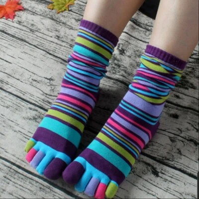 Femme Orteil Chaussettes 3 Paires Coton Mélange Rainbow Rayure Genou Haut Doigt - Photo 1/4