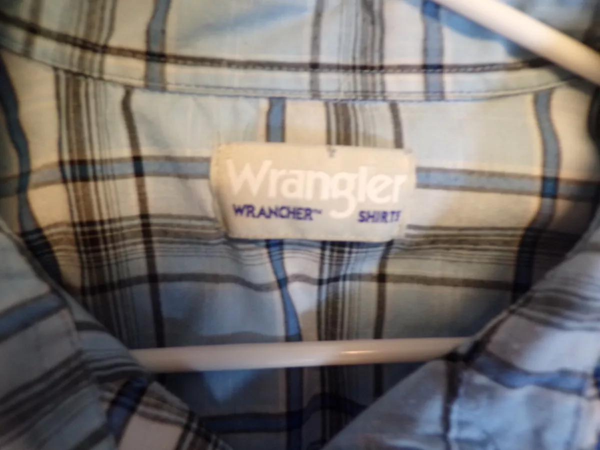 Wrangler Shirt Mens Blue Plaid Short Sleeve Pearl Snap Western