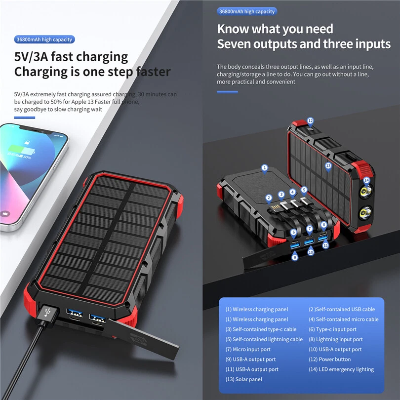 36800mAh Solar Panel Power Bank Portable Wireless Fast Charger USB For Cellphone - Image 3 of 4