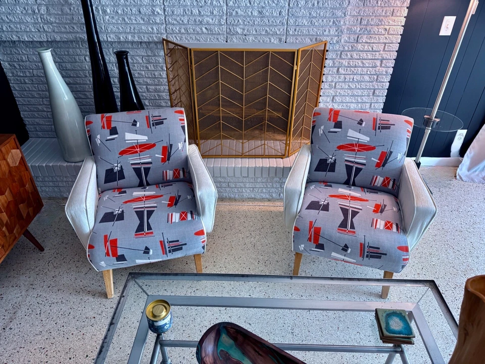 Silla Boomerang retro geométrica años 50 atómica mediados de siglo tela de corteza tela vintage Foto 2 de 4