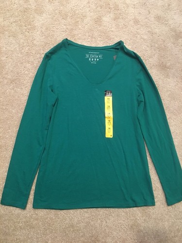 PRIMARK STRETCH GREEN COTTON V-NECK TEE 