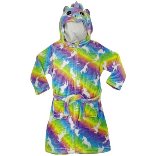 Kids Girls Unicorn Hooded Bathrobe Rainbow Loungewear Gown Xmas Cosplay Costume - Picture 1 of 4