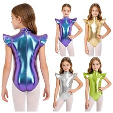 Kids Girls Dancewear Sparkly Metallic Modern Leotard Gymnastic Costume Romper
