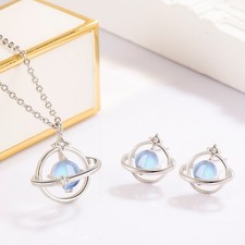 925 Sterling Silver Moonstone Fantasy Planet Necklace Earrings Women Girl Gift