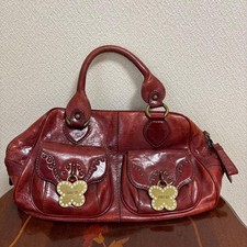 Anna Sui Butterfly Leather Handbag Red Medium Tote with Pockets
