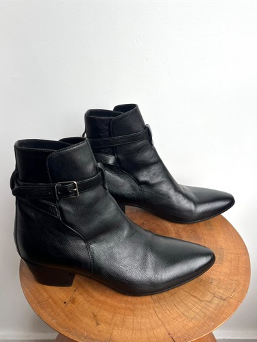 SAINT LAURENT West Black Leather Buckle Strap Block Heel Ankle Boot 39.5/9.5 - Picture 7 of 9