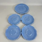 Vintage Blue Milk Glass Dessert Plates Set of 5 Scalloped Edge Floral Pattern