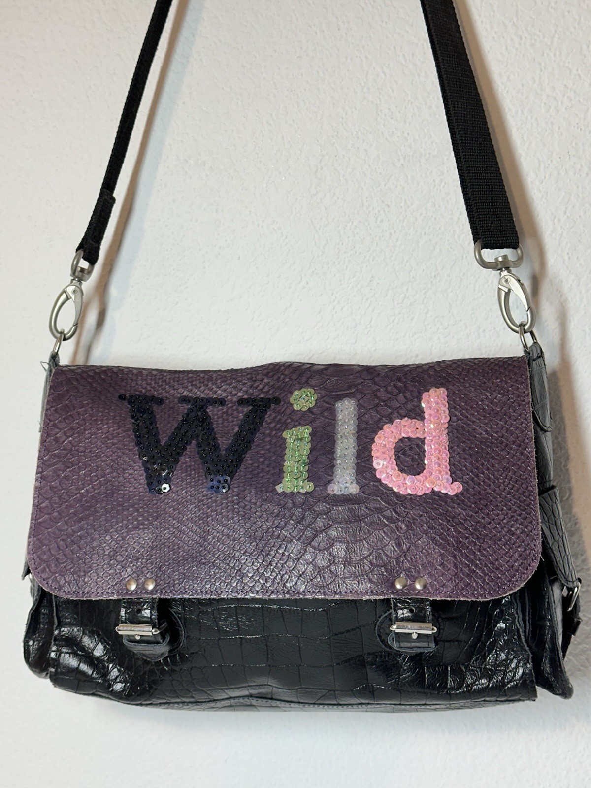 Barbara Rihl Messenger Bag Black& Purple Stamped Leather “WILD”Made in France