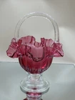 Fenton Style Art Glass Cranberry Ruffled Basket Applied Handle & Foot 9.5”
