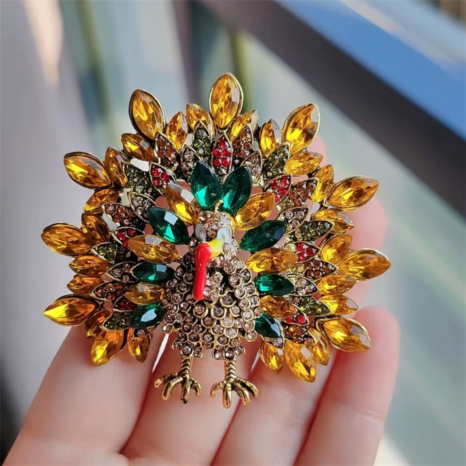 Broche prendedor vintage retro de pavo de acción de gracias de otoño - regalo de joyería de cristal amarillo Foto 3 de 4