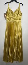 Gold Satin Pleated V-Neck Strappy Sleeveless Lined Maxi Dress with Slit Size 8