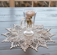 Earth Tone Silver Lace on Silver Jacquard Material Round Doily (12" Round)