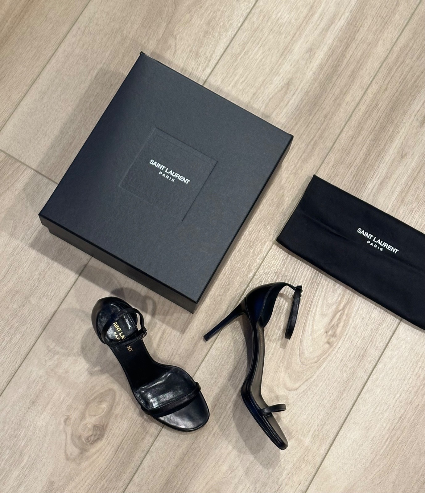 Sandali originali SAINT LAURENT skinny cinturino tacco pelle nera Jane 80 con scatola Eu 38