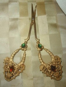 Exquisite Antique 1920's Jeweled Scissors Filigree Brass Germany Embroidery 5"