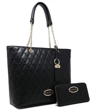 New GUESS Womens Quilted Large Tote Bag Handbag & Wallet Set - Black