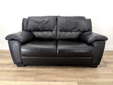 SOFA 2 Seater Black Leather Sewn In Cushions Wood Feet FREE DELIVERY