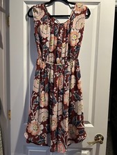 Loft Burgundy Pink Floral Elastic Waist Fit & Flare Dress Sz M
