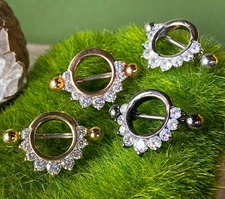 PAIR Pronged Gem Half Circle Plated 316L Steel Nipple Shields Rings Body Jewelry