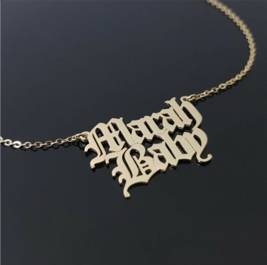 Custom Double Name Necklace Old English Font Stainless Steel Gold Silver Chain