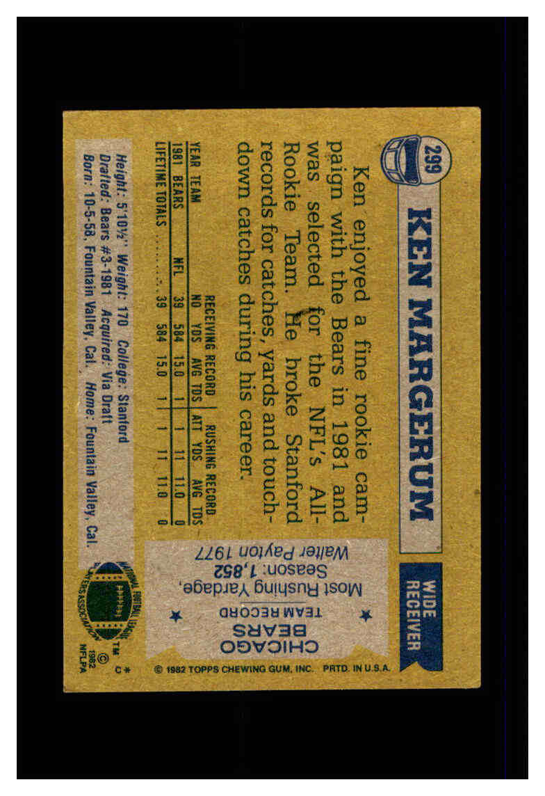 1982 TOPPS FOOTBALL CARD CHICAGO BEARS #299 KEN MARGERUM ROOKIE | eBay
