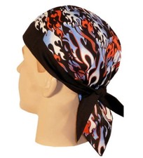 PATRIOTIC FLAMES SKULLCAP HEAD WRAP **MADE IN USA** BUILT IN SWEAT BAND