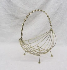 Mid Century Modern GOLD Metal WIRE BASKET Ball Feet and Twisted Handle