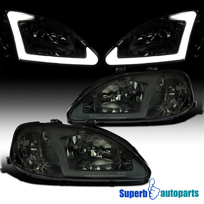 Sell 1999-2000 HONDA CIVIC SMOKE CRYSTAL HEADLIGHTS+YELLOW FOG BUMPER Lamp 6 Led Drl I410357