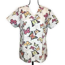 SB Scrubs Butterfly Floral Pocket V-Neck Top Size Small