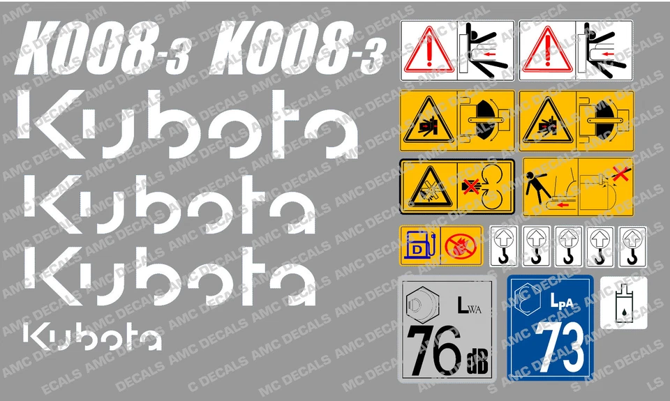 KUBOTA K008-3 MINI DIGGER COMPLETE DECAL SET WITH SAFETY WARNING SIGNS