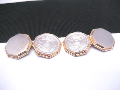 Antique Edwardian Art Deco era 14K Gold Guilloche Engrave Cufflinks Buttons