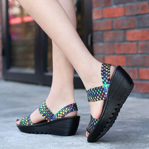 Damen-Sandale Sommer offene Peep Toe gewebt Ruhm Keilabsatz Komfort Mary Jane Schuhe - Bild 22 von 35