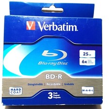 Verbatim BD-R Blu-Ray Disc 25GB 6x Branded Surface 3 pk New In Box Hard Coat