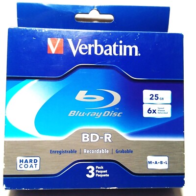 Verbatim BD-R Blu-Ray Disc 25GB 6x Branded Surface 3 pk  New In Box Hard Coat