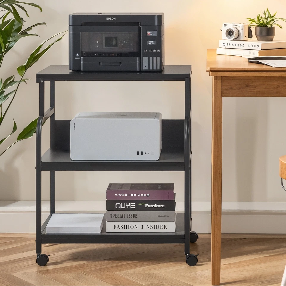 3-Tier Printer Stand w/Power Outlet Lockable Wheels, Adjustable Shelves, Office - Image 3 of 4