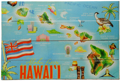 8'' TALL X 12'' WIDE RUSTIC WOOD PRINTED ALOHA HAWAII SLAT SIGN - HAWAIIAN MAP