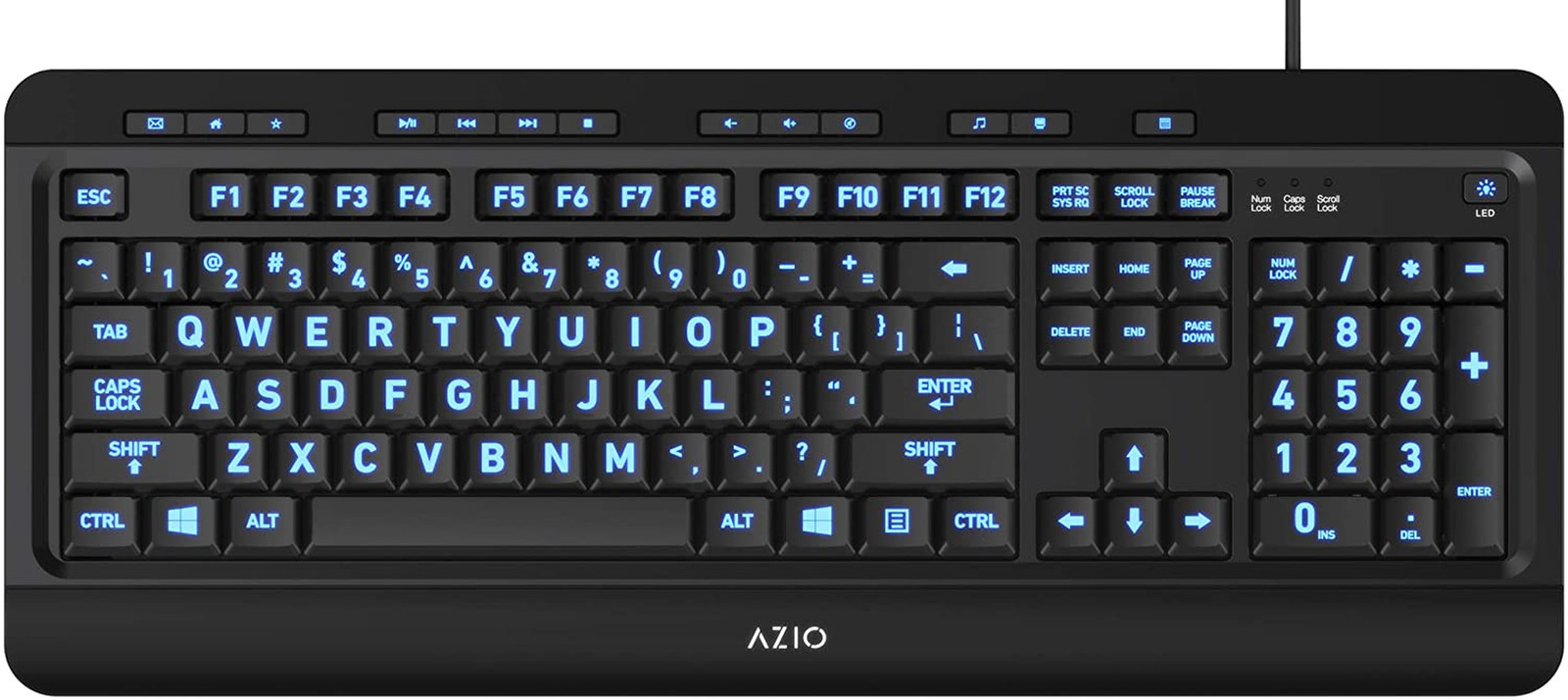 Azio Large Print Keyboard - USB Computer Keyboard with 3 Interchangeable Backlig
