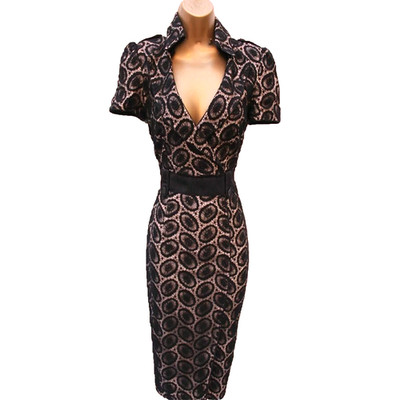 Karen Millen 14 UK Vintage kultiges schwarzes Spitzen-Trench-Militärhemd Bleistiftkleid