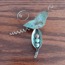 Vintage Artisan Verdigris Copper Leaves and Pea Pod Pin/Brooch