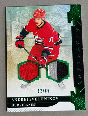 2019-20 Upper Deck Artifacts #68 Andrei Svechnikov Emerald Dual Jersey /65
