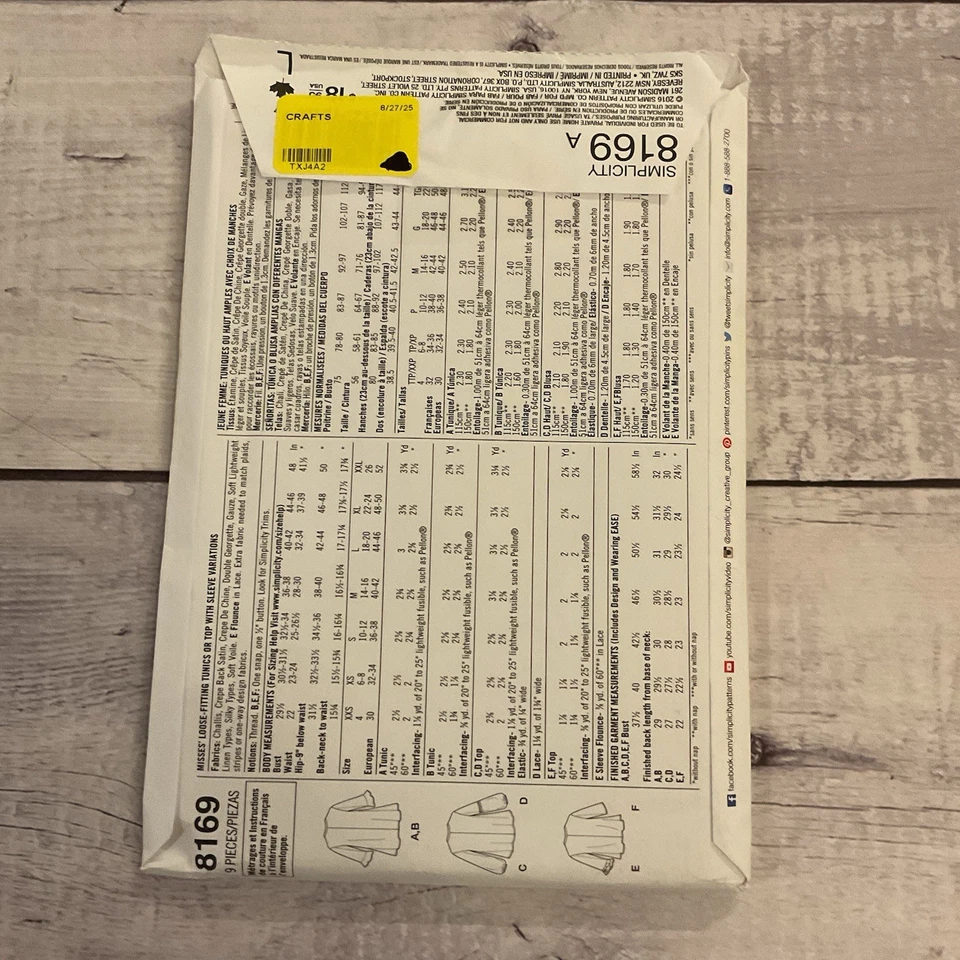 Simplicity 8169 Sewing Pattern Blouse Tunic Top Sleeve Options XXS-XXL UNCUT - Image 2 of 4
