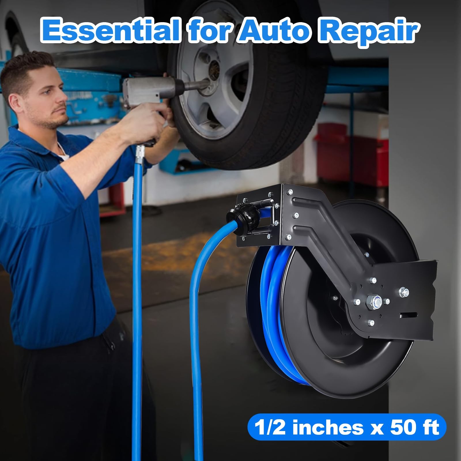 Aain&reg; REEL4 Premium Air Hose Reel 1/2 in x 50 ft Wall Mount, Auto Rewind Retr...