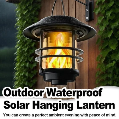 Solar Hanging Flickering Flames LED Lantern Outdoor Yard Lights Waterproof Fence - Image 1 of 4