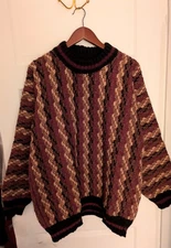 Otavalo Textured Hand Knit Sweater Wool 50" Chest Unisex Brown/Beige/Blk/Burgndy