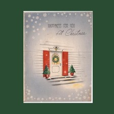Christmas Card Vintage Golden Bell - Embossed Snowflakes Door Wreath Tree