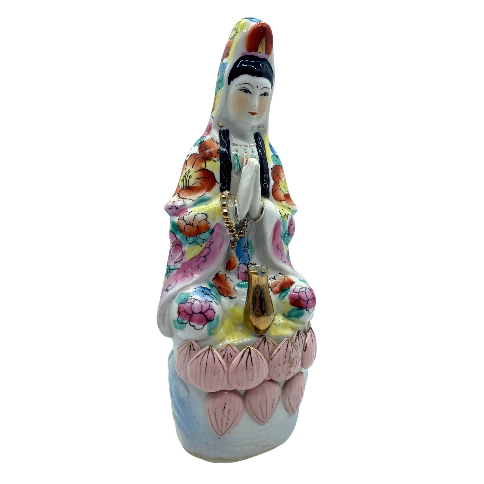Antique 1900s Porcelain Chinese Sitting Guan Yin Statue Goddess Mid Century Pink