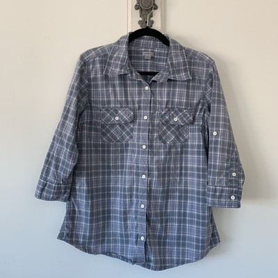 Carhartt Shirt Womens Large Blue Plaid Button Up Roll Tab Stretch Workwear