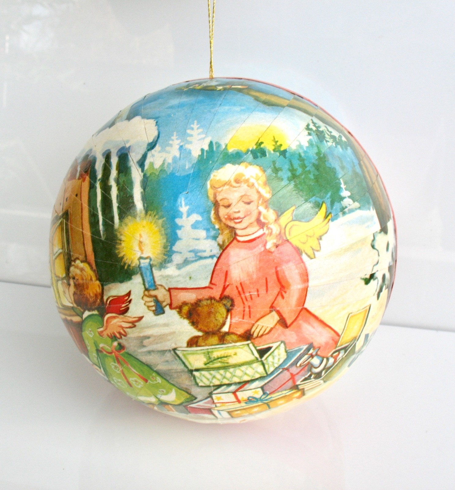 Vintage German Christmas Ball Paper Mache Candy Container Box Ornament W GERMANY
