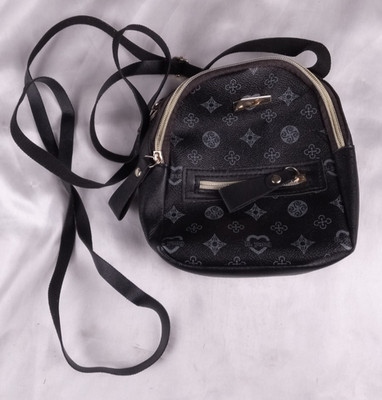 Black Mini 8'' Backpack Sling Purse Monogram Print Zip Pockets Adjustable Strap