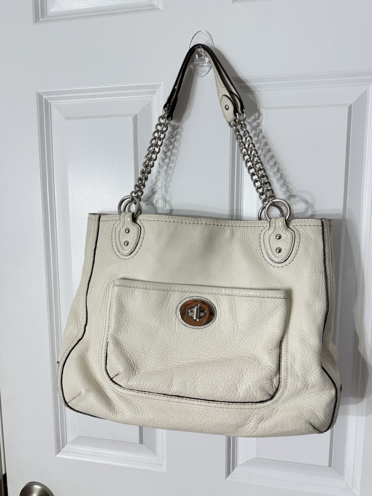 Coach Off White Pebbled Leather Chain Tote Shoulder Bag Large Turnlock Purse
