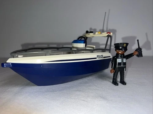 PLAYMOBIL - Vintage Police Boat with Officer And Walkie Talkie - Geobra